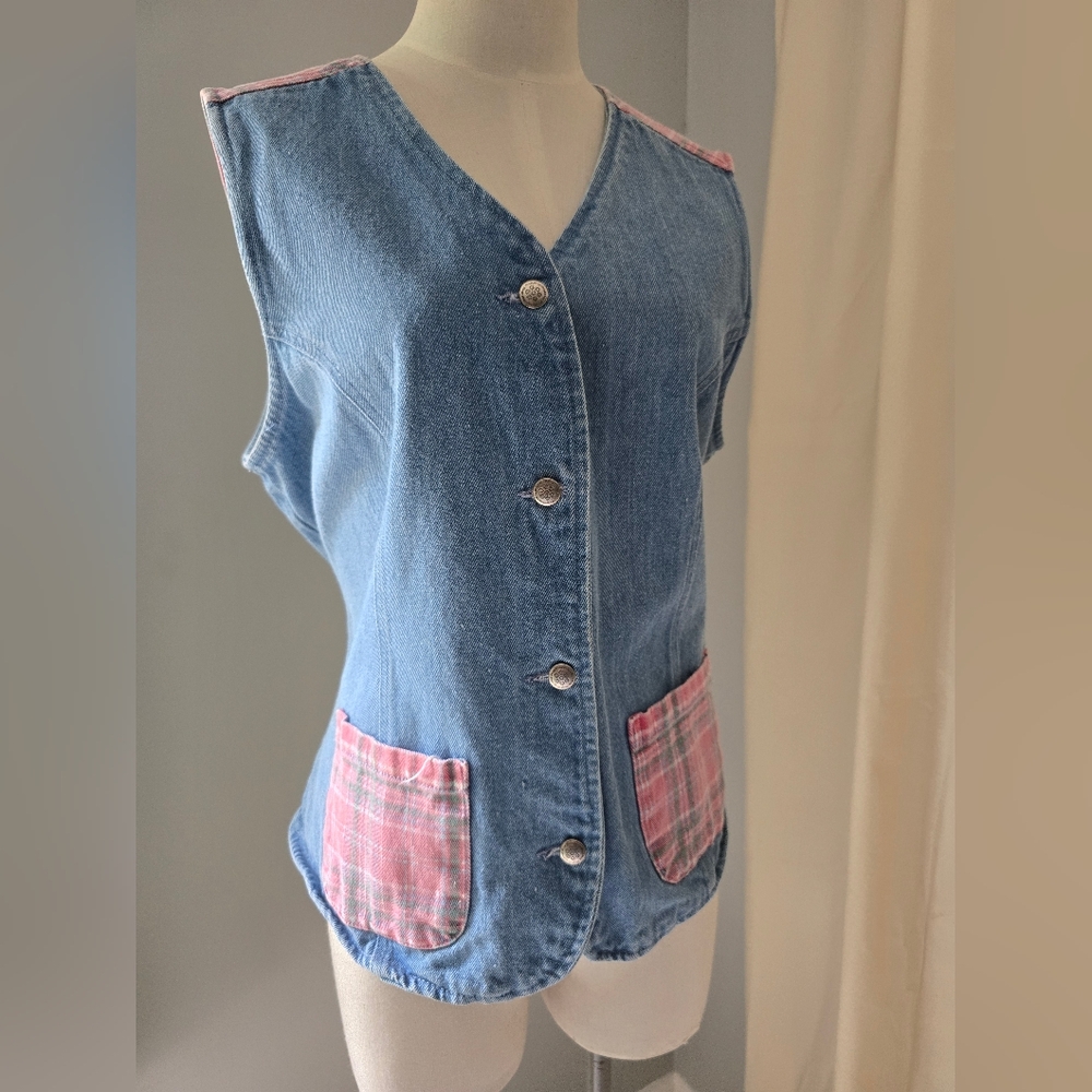 Vintage Gitano Blue Denim Vest with Pink Plaid Pockets Women's Size Large - 80's